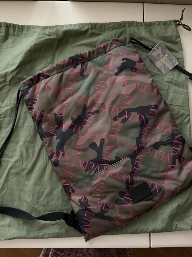 Valentino Camo Drawstring Bag In Olive Green, Black & Pink Logo
